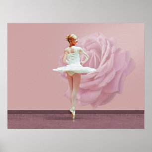 Póster Bailarina no branco com rosa do rosa