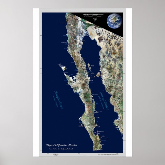 Póster Baixa Califórnia, México: pôster de satélite (Frente)