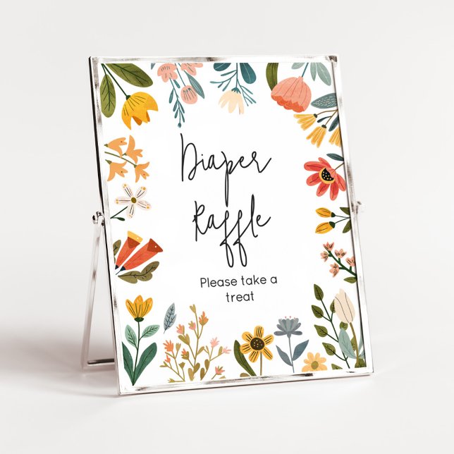 Poster Baixo Brilho Fralda de Flor Selvagem Raffle (Botanical Bright Wildflower Baby Shower Diaper Raffle Sign)