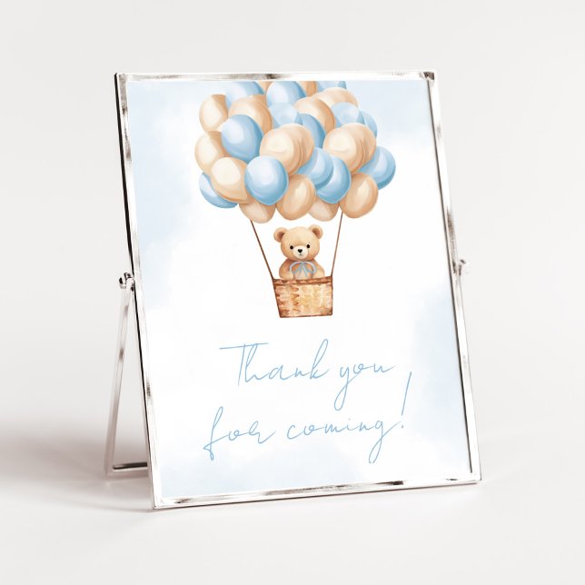 Poster Balança de espera Azul Ar quente Obrigado por vir (Boy Baby Bear Balloons Baby Shower Thank you for Coming Sign)