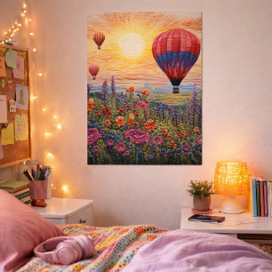 Póster Balão de Ar Colorido Pôr do Sol com Flores Silvest