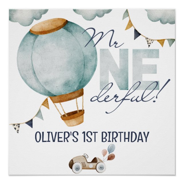 Póster Balão de Ar Quente Azul de Aquecimento de Aquarela (Frente)