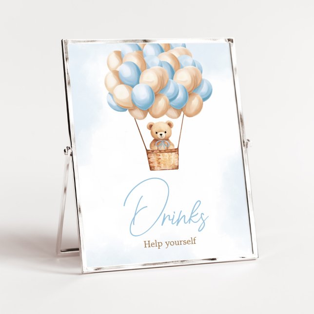 Poster Balão de Ar Quente Azul de Espera Azul Bebidas Beb (Boy Baby Bear Balloons Baby Shower Drinks Sign)