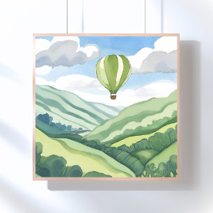 Poster Balão de Ar Quente   Paisagem em Aquarela Verde