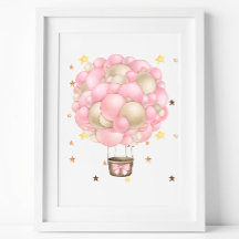 Balão de Ar Quente Rosa e Dourado em Aquarela Impr