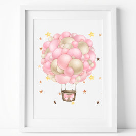 Poster Balão de Ar Quente Rosa e Dourado em Aquarela Impr