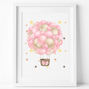 Poster Balão de Ar Quente Rosa e Dourado em Aquarela Impr