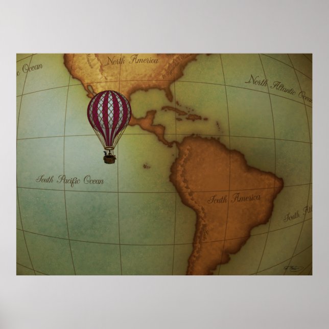 Poster Balão de ar quente sobre mapa do hemisfério ociden (Frente)