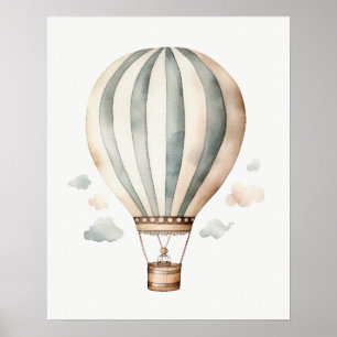 Poster Balão de Ar Quente Vintage Verde e Creme