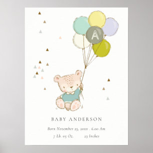 Poster Balão de Urso Aqua Bonito Boys Monograma Estat de 