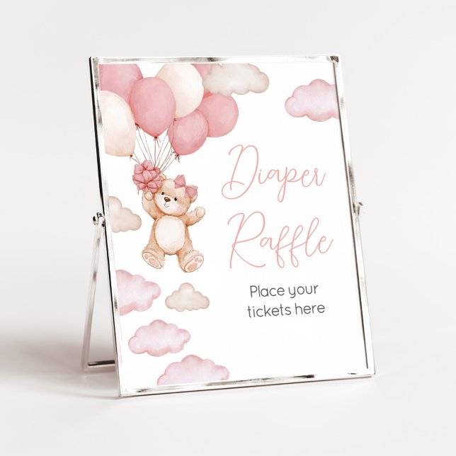 Poster Balão de Urso Rosa - Fralda de Espera Raffle (Pink Baby Bear Balloon Baby Shower Diaper Raffle Sign)