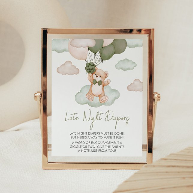Poster Balão de Urso Verde Tarde Fraldas Noturnas (Green Bear Balloon Bearly Wait Baby Shower Late Night Diapers Sign)