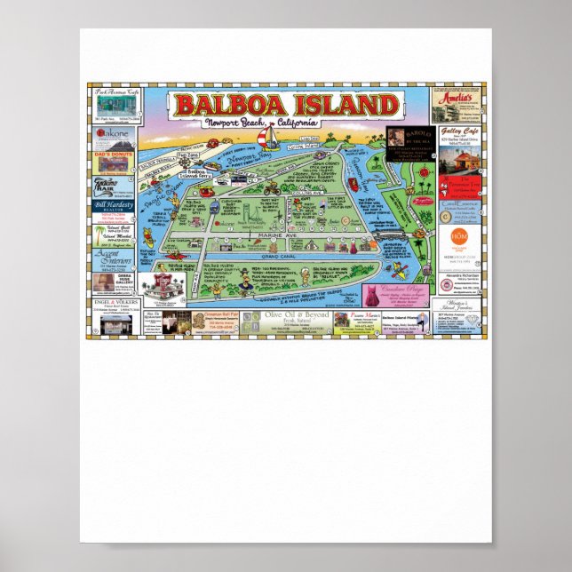 Poster Balboa Island, Newport Beach, Mapa de Cartoon (Frente)