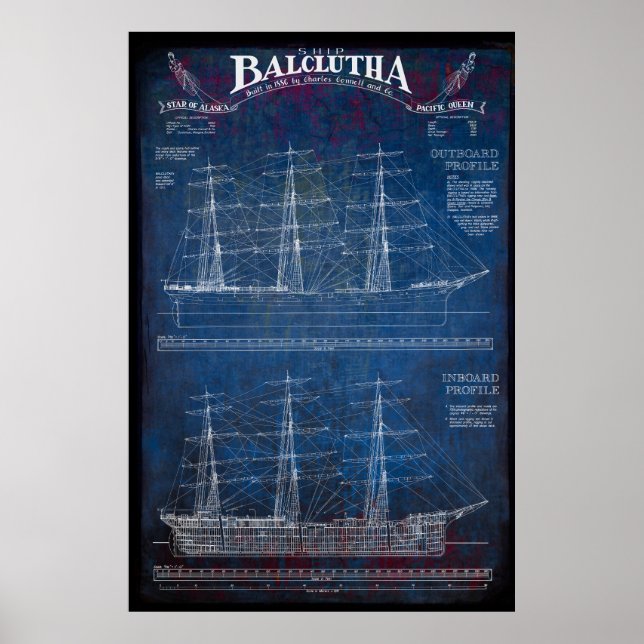 Poster BALCLUTHA (Blueprint) 1886 de navio à vela totalme (Frente)