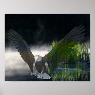 Póster Bald Eagle Cattails Mist Pond Fantasy Art