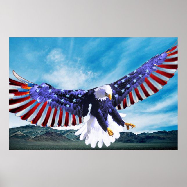 Póster Bald Eagle voando no céu com uma bandeira american (Frente)