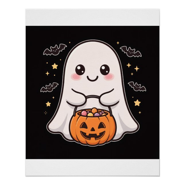 Póster Balde de Doces de Abóbora Fantasma Fofa (Frente)