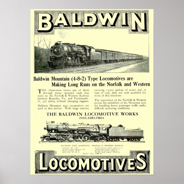 Poster Baldwin Steam Locomotive Mountain Type em 1924 (Frente)