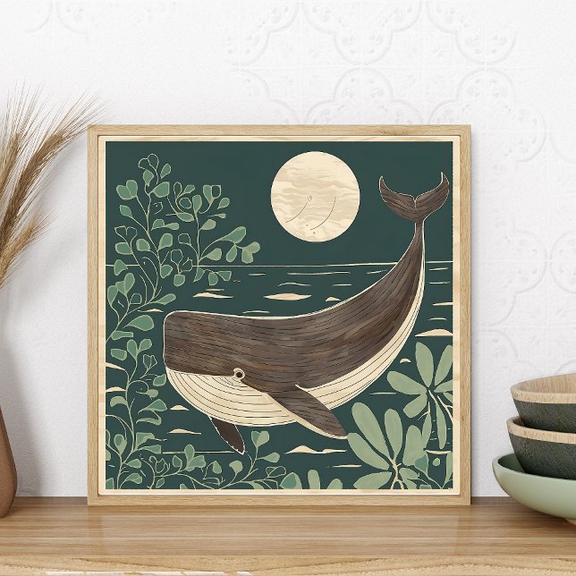 Poster Baleia abstrato Fauvism (matisse like abstract painting of whale, moon, ocean. Japanese woodblock style)