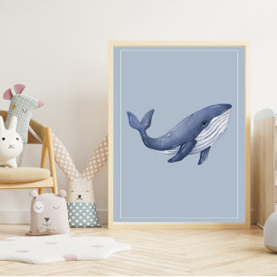 Poster Baleia Aquarela em Bebê, Arte Nurseral Azul