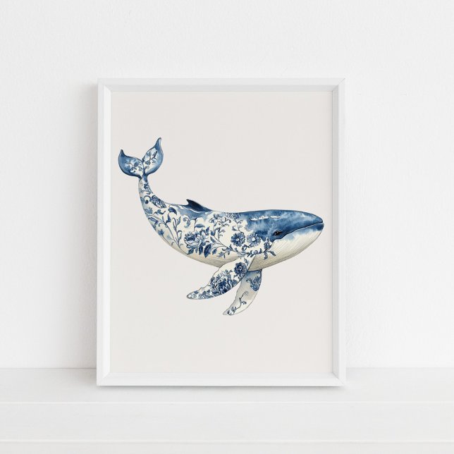 Poster Baleia - Azul Costeiro na Arte da Parede bege (Whale – Coastal Blue on Beige Wall Art in a white frame on the floor.)