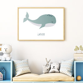Poster Baleia Azul Fofa com Nome Personalizado Criança Pe