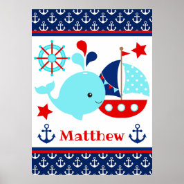Poster Baleia Azul Náutica Fofa e Padrão de Âncoras