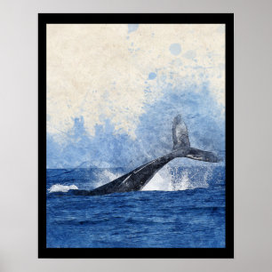 Poster Baleia Azul Saltando em Arte Oceânica