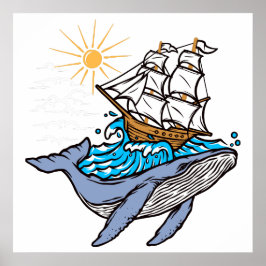 Poster Baleia Azul Velejante Onda Sol