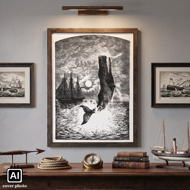 Póster Baleia Cachalote Vintage Emergindo, Animais da Vid (Vintage illustration Victorian Era black and white sperm whale breaching during a full moon.)