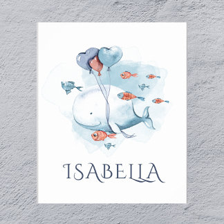 Poster Baleia e Peixes em Aquarela Caprichosa 