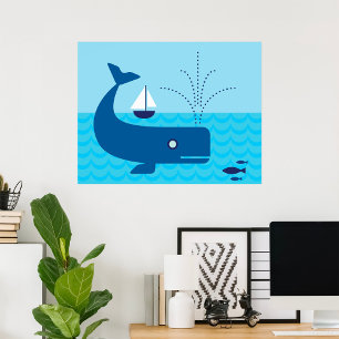 Poster Baleia Náutica e Barco à Vela Mar Azul Oceano