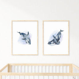 Poster Baleia Orca de Aguarela Azul Branco