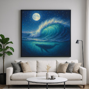 Poster Baleia Sob a Onda ao Luar - Estilo de Pintura Past