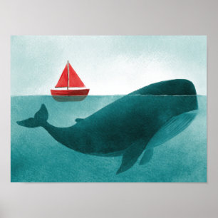 Poster Baleia & Velero – Arte Oceânica Minimalista