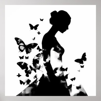 Poster Ballerina & Butterflies Silhouter Preto & Branco