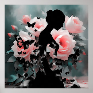 Poster Ballerina e Borboletas Negra/Rosa