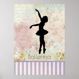 Póster Ballerina Silhouette no Elegante Padrão Vintage