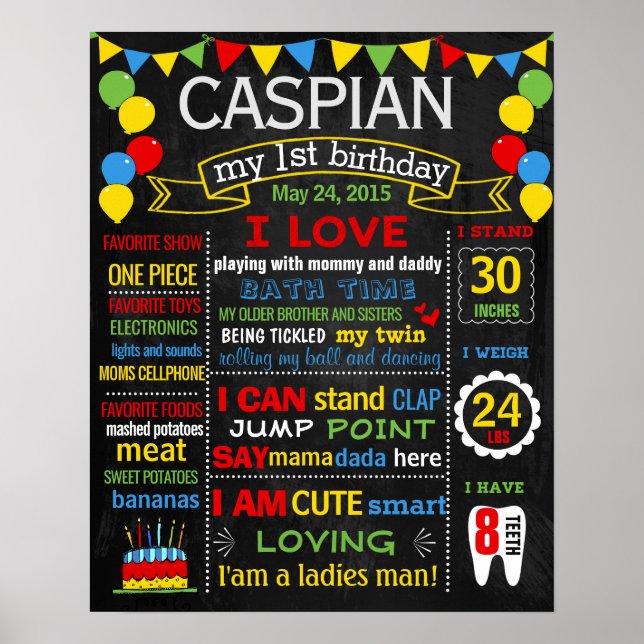 Poster Balões, 1º aniversário, sinal do quadro de referên (Frente)