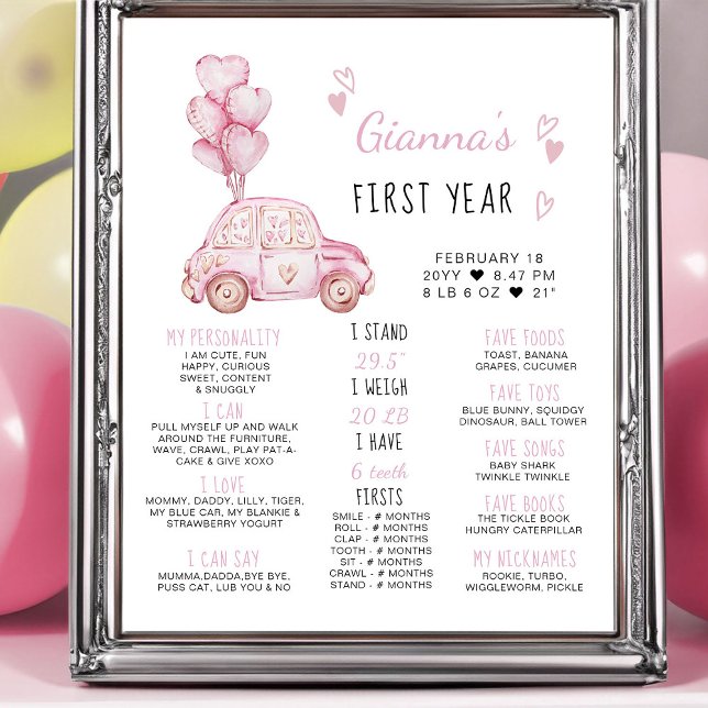 Poster Balões cor-de-rosa e primeiro aniversario do carro (Girls First Birthday Milestone Poster - from my Car and Balloons Valentine Birthday Collection)