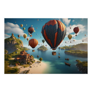 Póster Balões de Ar Quente Voando Sobre Ilha