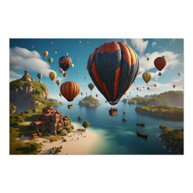 Póster Balões de Ar Quente Voando Sobre Ilha (Frente)