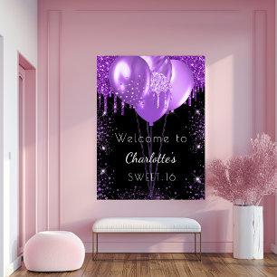 Poster Balões de boas-vindas com brilho preto roxo Sweet 