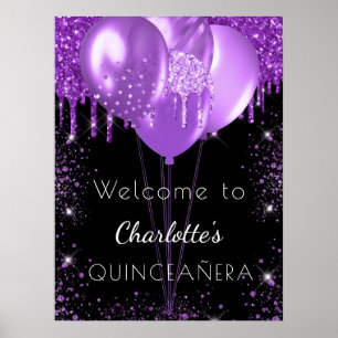 Poster Balões de boas-vindas preto de Quinceanera, brilho