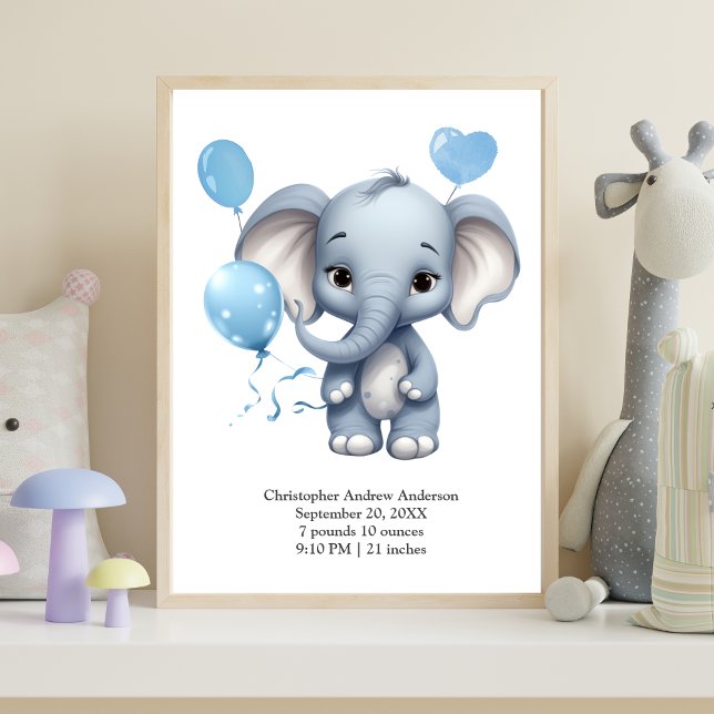 Poster Balões de Elefante Azul para Bebê Menino Berçário (Blue Elephant with Balloons Baby Boy Nursery Wall Art Birth Stats Print)
