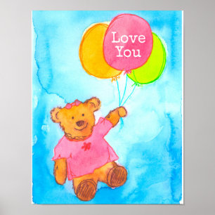 Póster Balões de Urso Rosa-Rosa Te Ama
