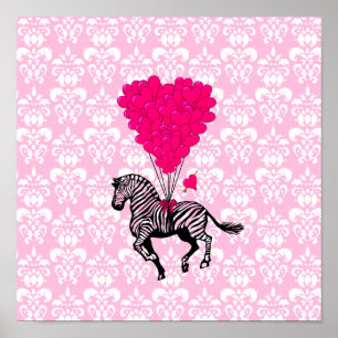 Póster Balões de zebra e coração cor-de-rosa
