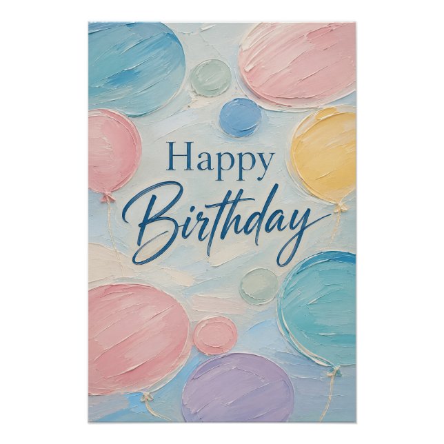 Póster Balões Pastéis de Aniversário Pinceladas (Frente)