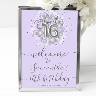 Poster Balões Prata Sweet 16 Placa de Boas-Vindas Lavanda