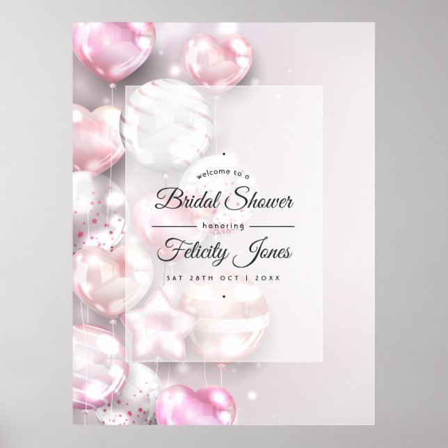 Poster Balões Rosa e Dourado Rosa Chá de Noiva Bem-Vindo (Frente)